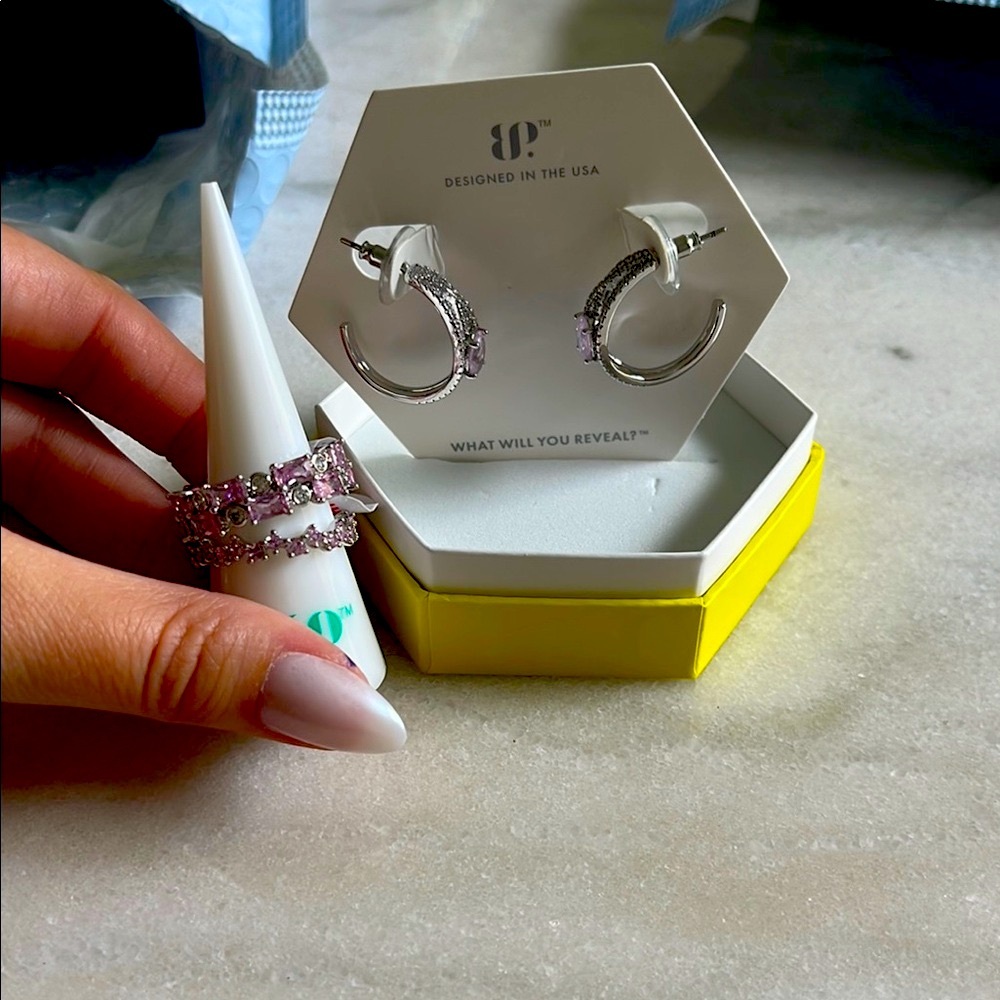 BP Rose Quartz on Rhodium Set of 2 Rings and 1 Pair of Earrings